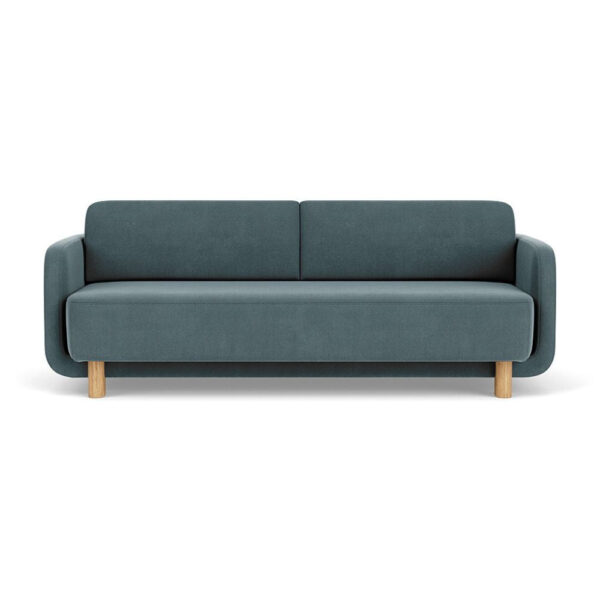 Clara Sleeper Couch. Forest Dust Blue. Oak